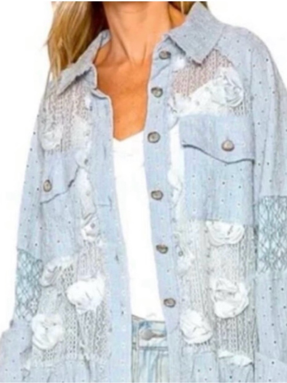 POL Light Blue Distressed Lace-Panel Button-Down Shirt